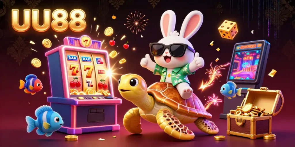 Experience thrilling gaming with UU88's vibrant online casino world featuring a lucky rabbit and golden turtle.