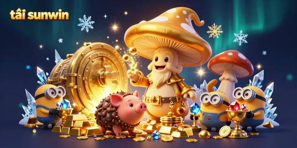 Join the fun of tải sunwin with a magical illustration showcasing treasures, characters, and casino elements.