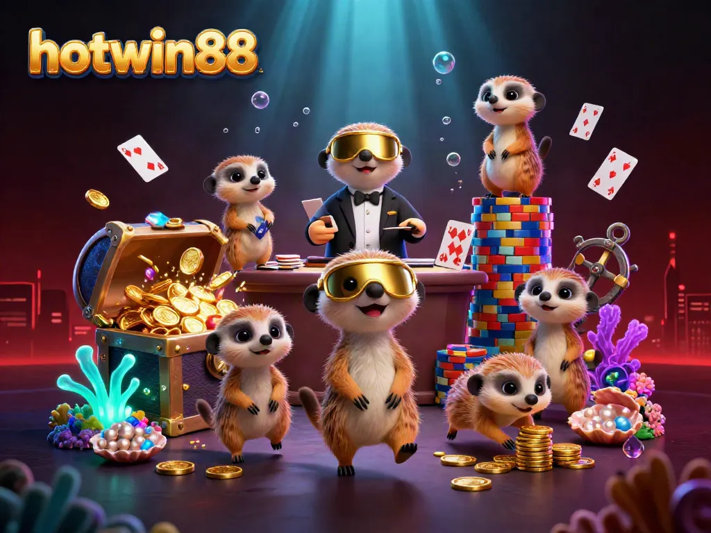 Experience the vibrant energy of hotwin88 with meerkats running a colorful casino, surrounded by treasures and golden glow.