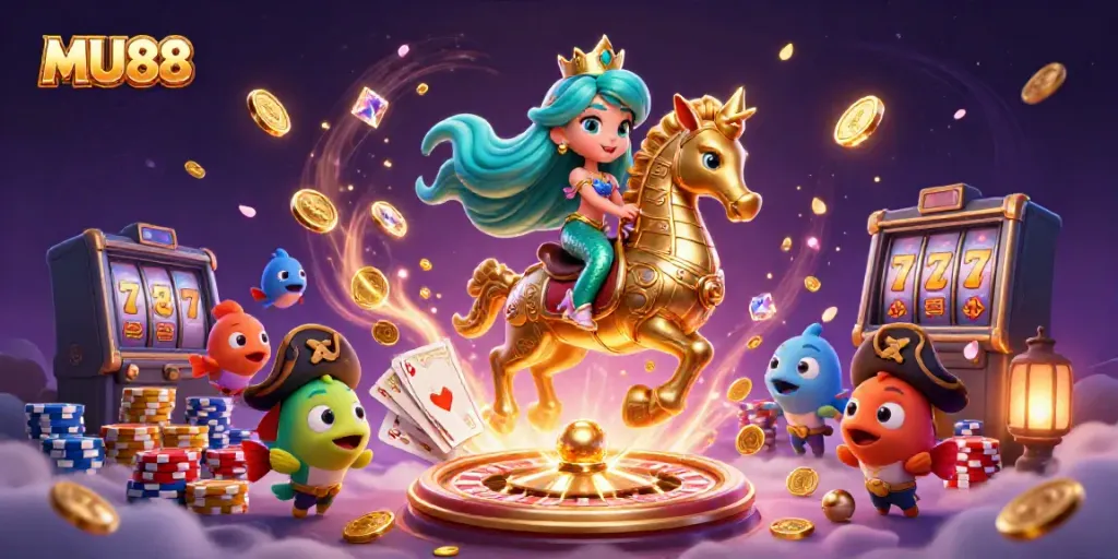Engage in the excitement at MU88 casino with a vivid 3D mermaid scene, gold coins cascading around.