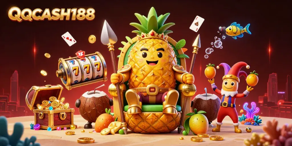 Join the excitement at QQCASH188 with a vibrant casino scene featuring our golden pineapple king and engaging game elements.