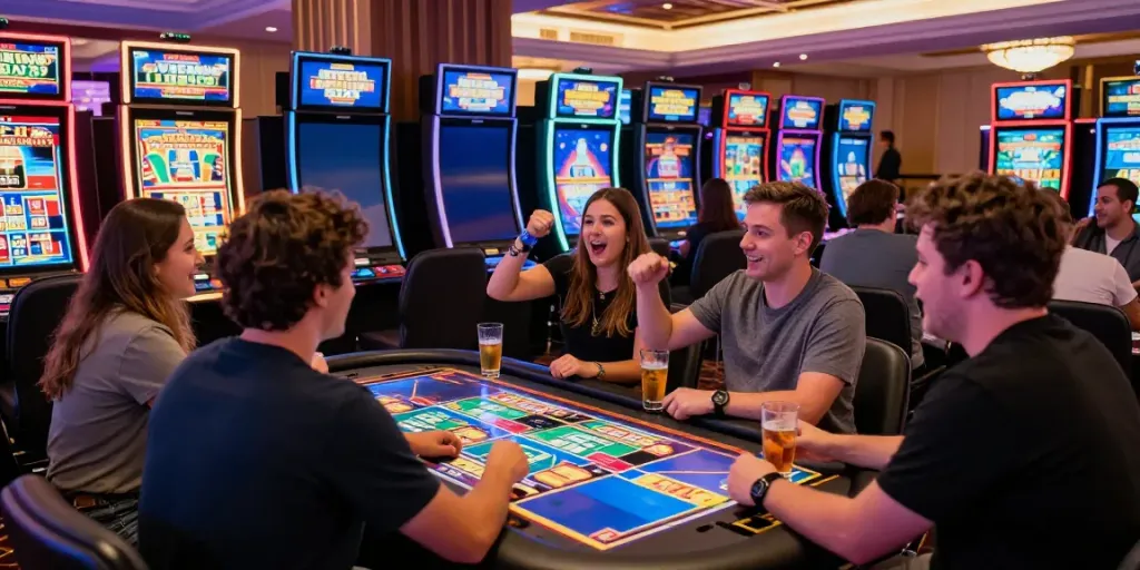 Pengalaman bermain di betslots88 dengan mesin slot berwarna-warni dan pemain yang bersenang-senang.
