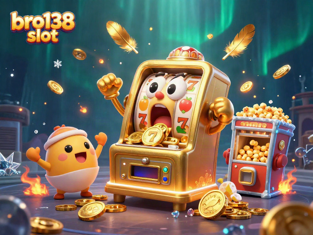 Engage with bro138 slot as the animated golden machine hits a jackpot, coins overflowing and excitement in the air.