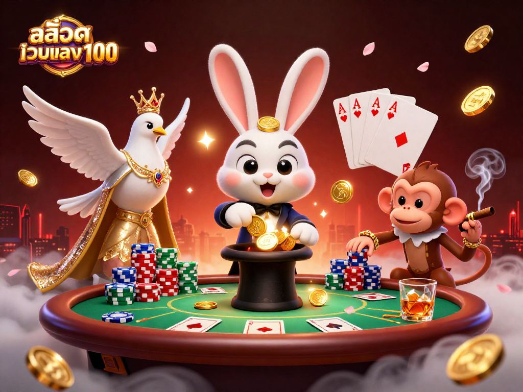 Experience the excitement with สล็อตเว็บตรง100 as a magician rabbit reveals golden coins amidst a vibrant casino scene.