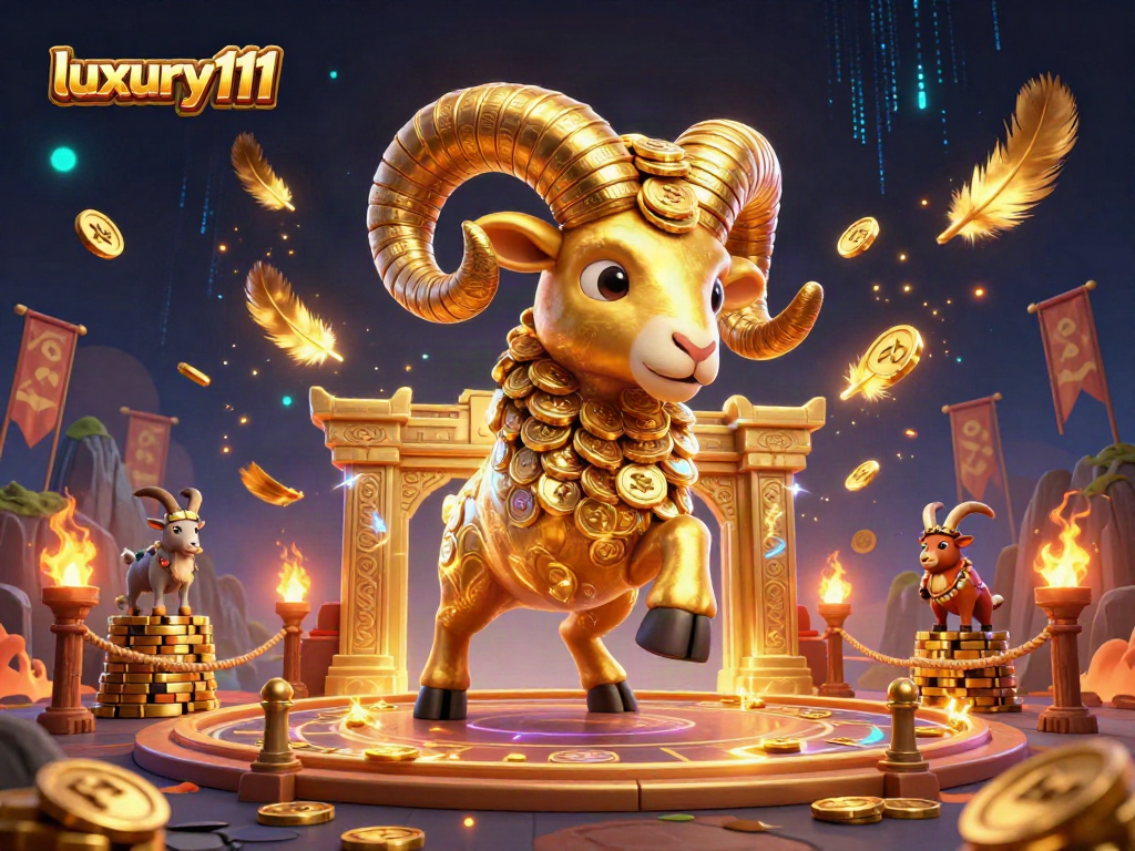 Watch luxury111 come alive with golden ram and mountain goats amidst a dramatic casino atmosphere.