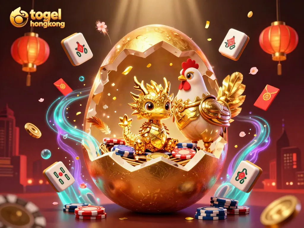 Melihat keluaran togel hongkong dengan naga emas, chip poker, dan elemen permainan