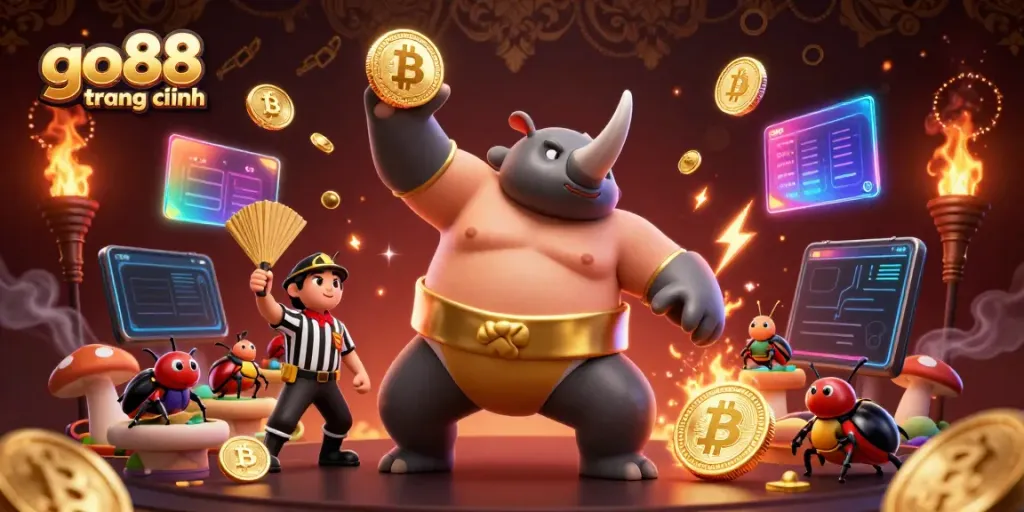 Experience the excitement at go88 trang chính with a dynamic scene of a sumo beetle champion surrounded by crypto elements.