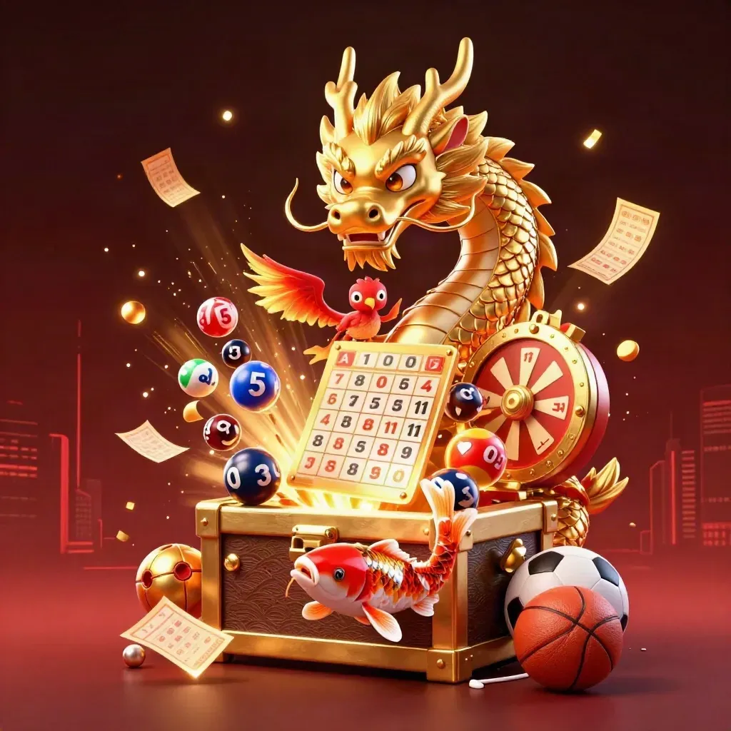 Naga emas 3D dengan phoenix, koi, bola undian, dan cahaya kasino neon.