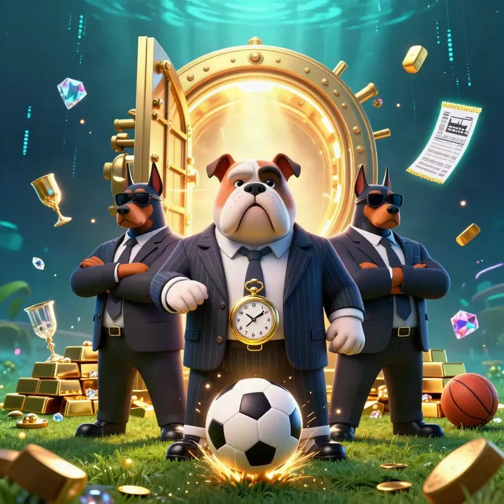 Bulldog bos mafia dan dua doberman di depan brankas emas, bola sepak dan efek kasino neon.