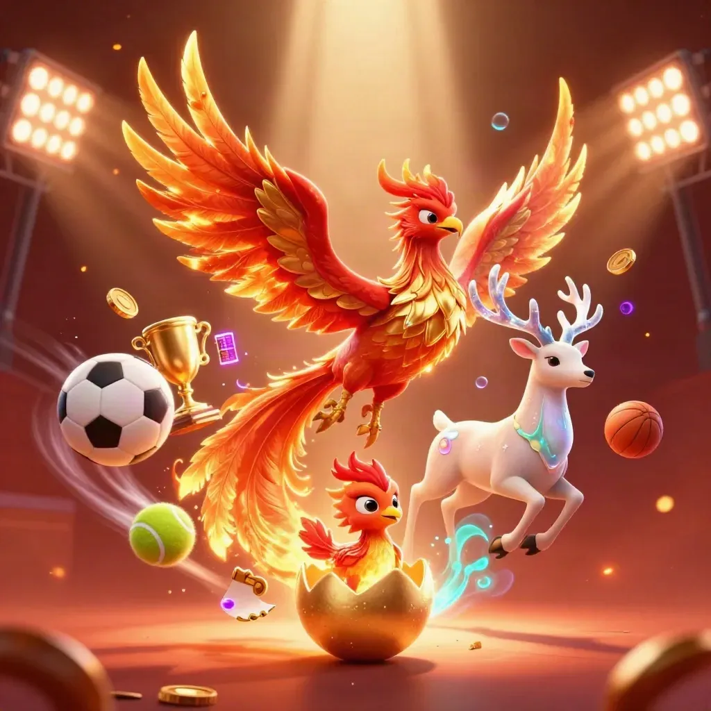 Burung phoenix, rusa kristal, dan bola olahraga meledak di latar merah emas neon.