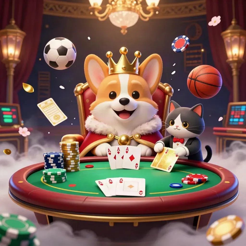 Kucing butler dan corgi mahkota di meja poker, bola sepak dan basket melayang, nuansa emas-biru.
