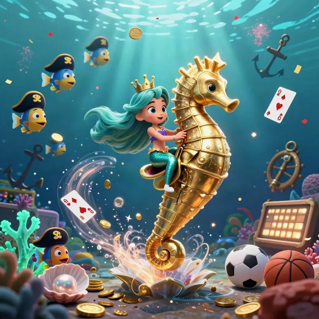Putri duyung 3D menunggang kuda laut emas di bawah laut, dikelilingi koin, kartu, dan bola.