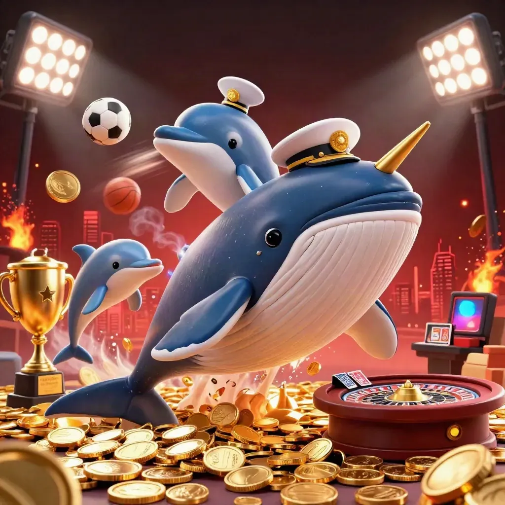 Paus kapten, narwhal, dan lumba-lumba di lautan koin emas, nuansa kasino mewah.