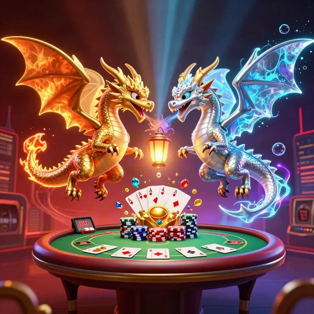 Naga emas dan perak melilit, kartu poker dan chip meledak di latar kota merah gelap.