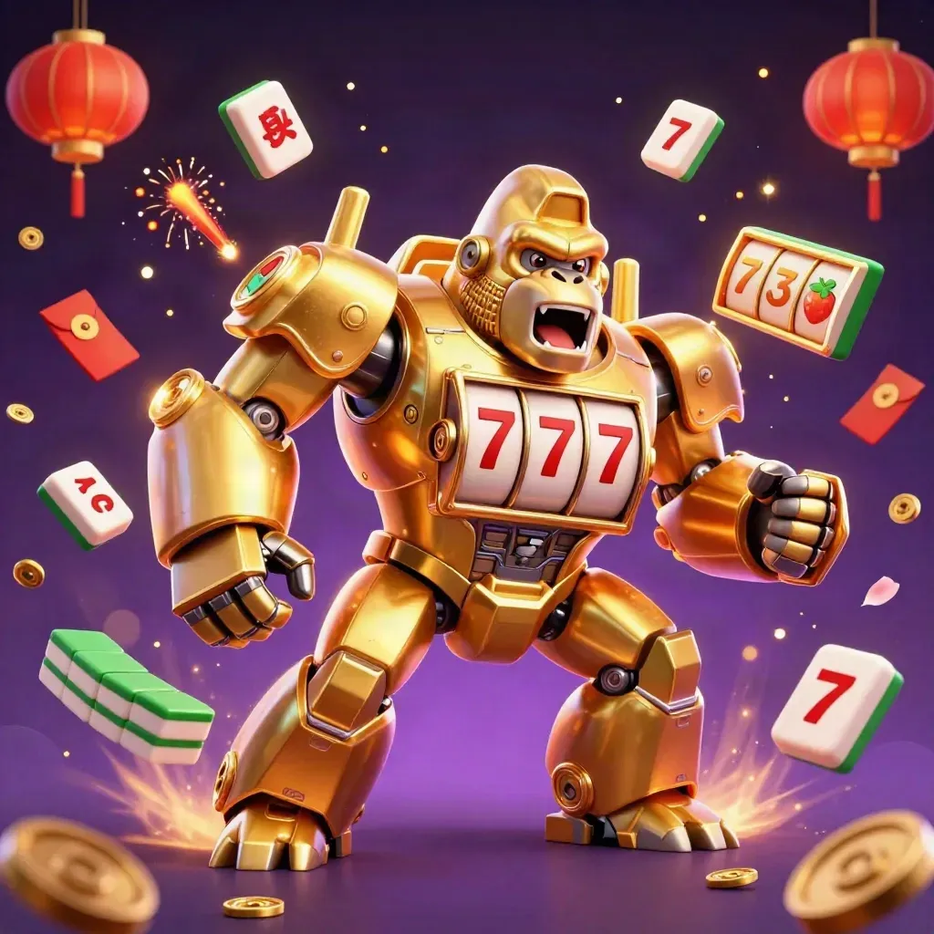 Gorila mech emas bergaya slot dengan monyet pilot, ledakan koin, lampion, dan kilau emas.