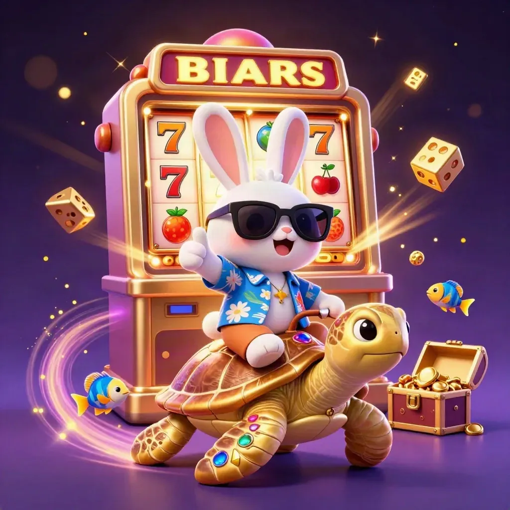 Kelinci kartun menunggang penyu emas, simbol slot dan emas meledak.