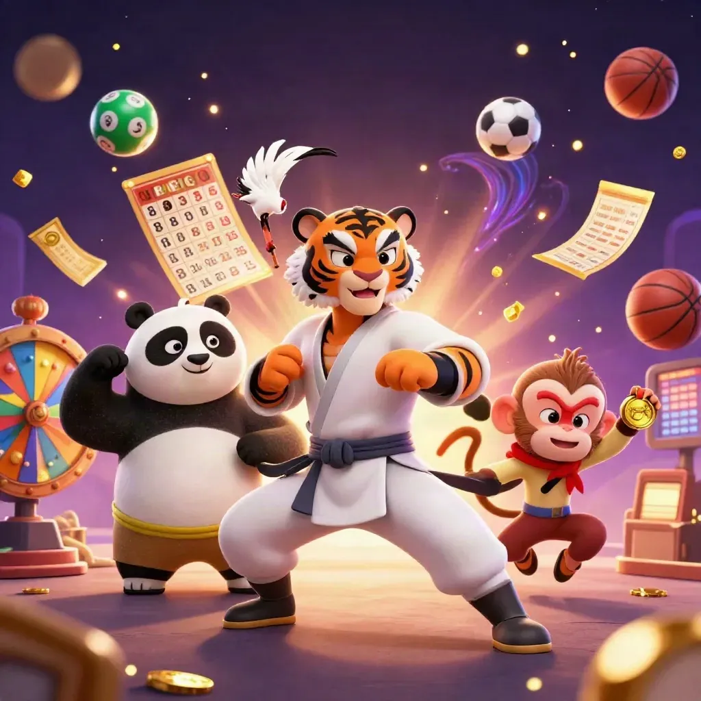 Harimau kung-fu, panda, dan monyet di ledakan hadiah emas dengan bola lotere dan efek neon.