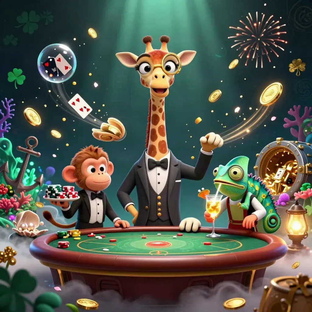 Jerapah, monyet, dan bunglon di meja poker emas dengan koin, cove harta, dan efek neon.
