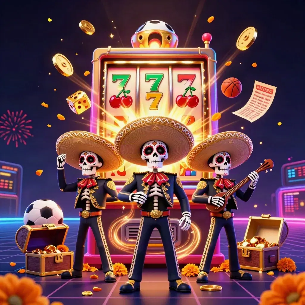 Tiga kerangka mariachi Day of the Dead dikelilingi slot, koin emas, petasan neon, dan confetti.
