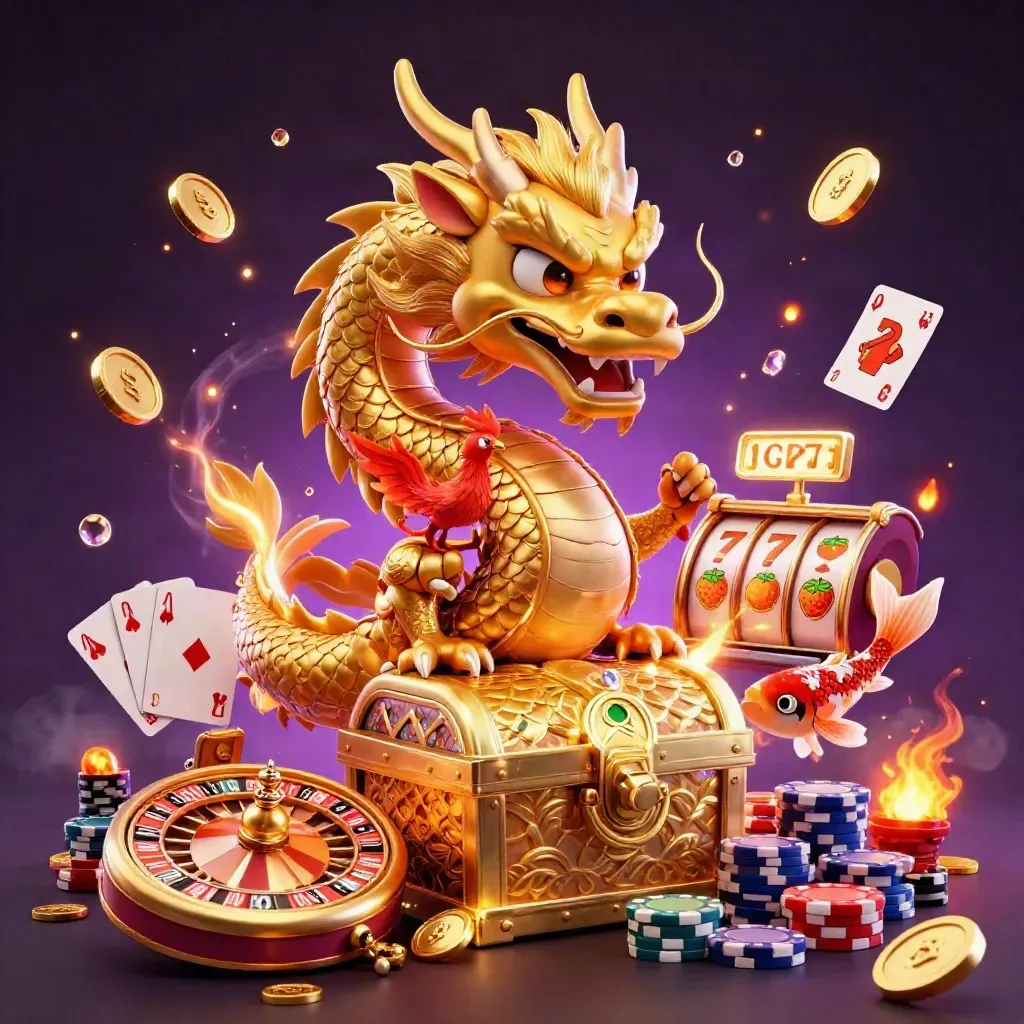 Naga emas 3D melingkar di peti harta, ada phoenix merah, koi, koin emas, dan roda slot neon.