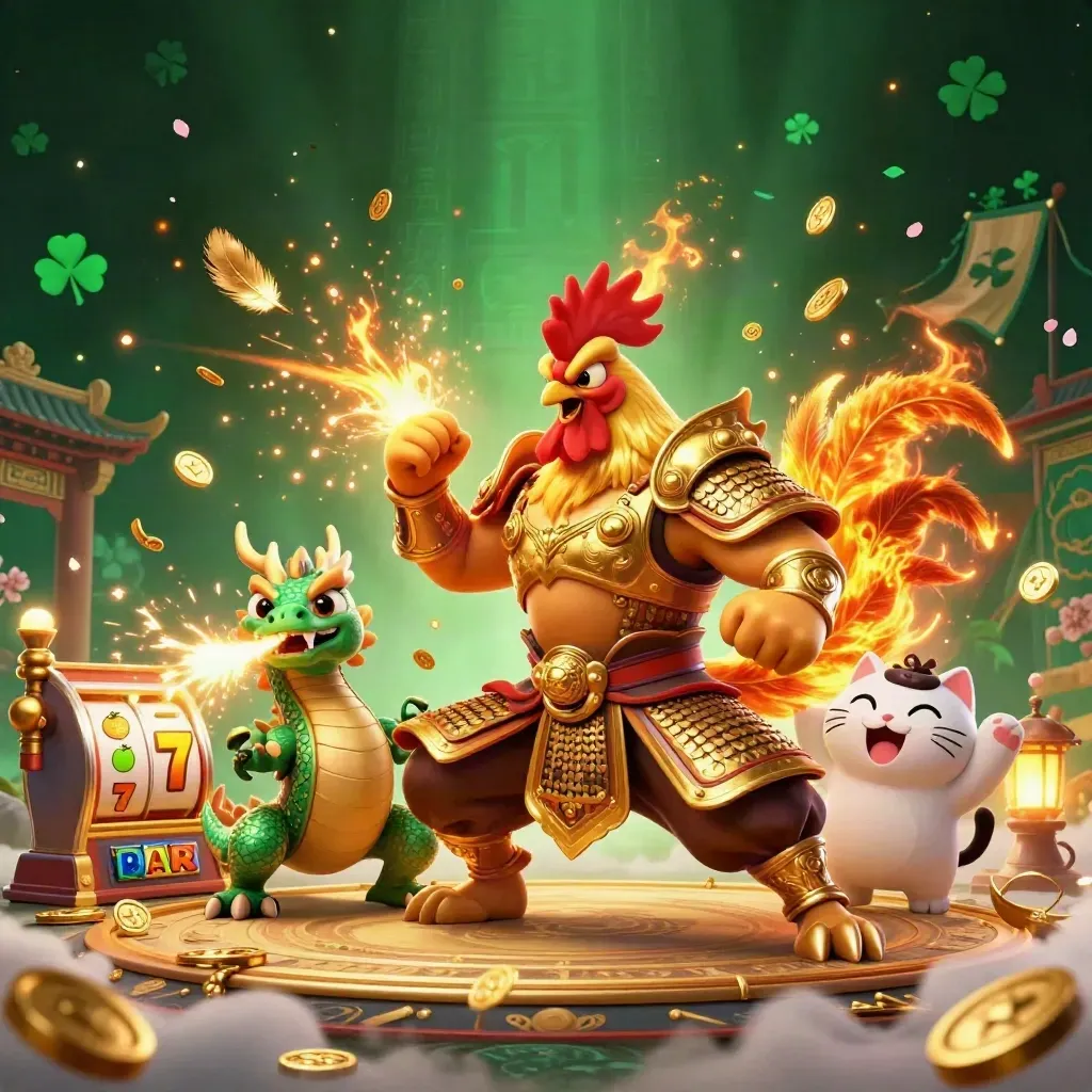 Ayam samurai, naga kecil, dan kucing keberuntungan di ring emas dengan koin dan kilau hijau