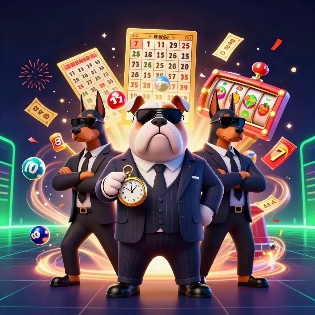 Bulldog mafia dan dua doberman dikelilingi bola lotere, roda hadiah, dan kilau neon.