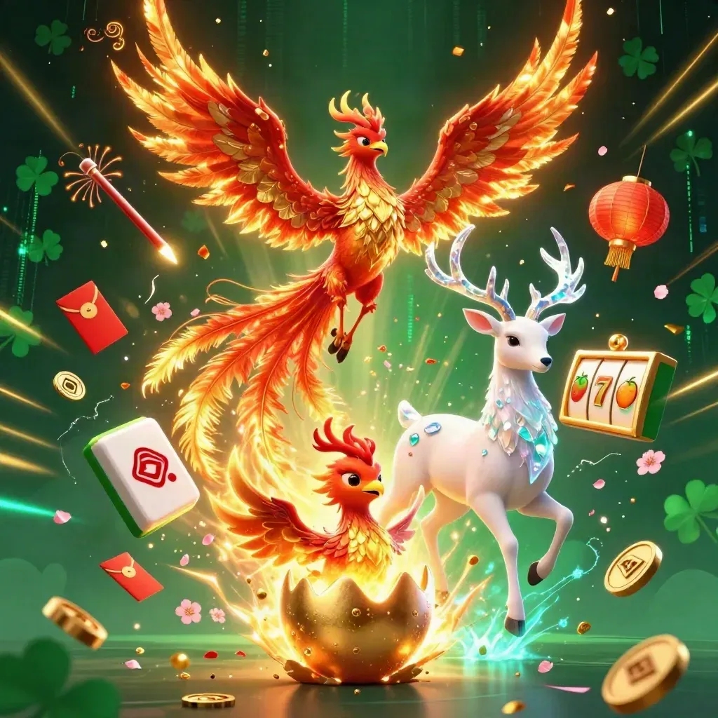 Phoenix emas, anak phoenix, dan rusa kristal di latar hijau gelap neon.