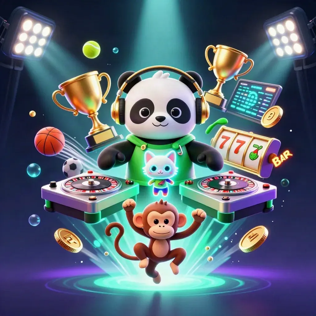Panda DJ, monyet breakdance, dan kucing neon di ledakan slot, bola, koin, dan cahaya biru.