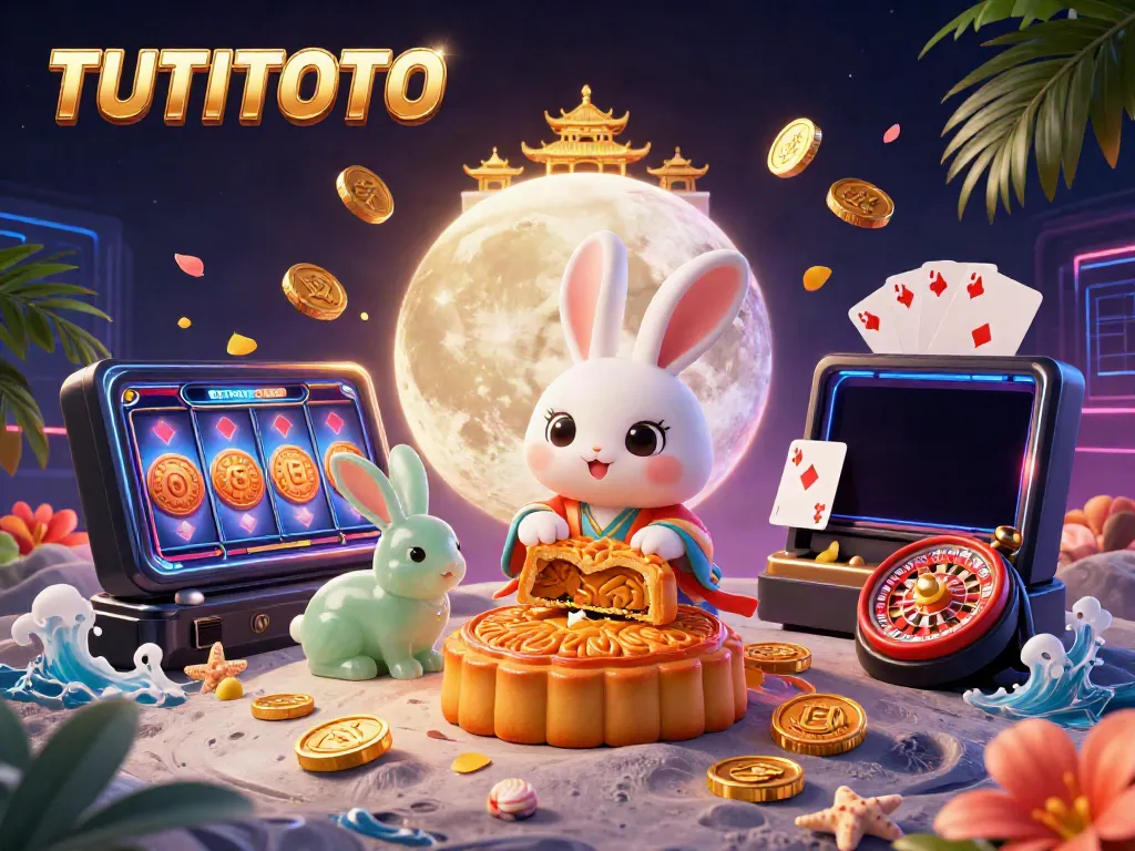 Engage with TUTITOTO in this vibrant casino scene showcasing a playful moon rabbit amidst gaming elements.