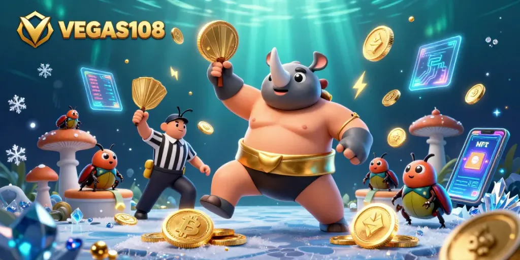Play at VEGAS108 with an exciting 3D scene of a sumo beetle champion amidst glowing coins and crypto elements.