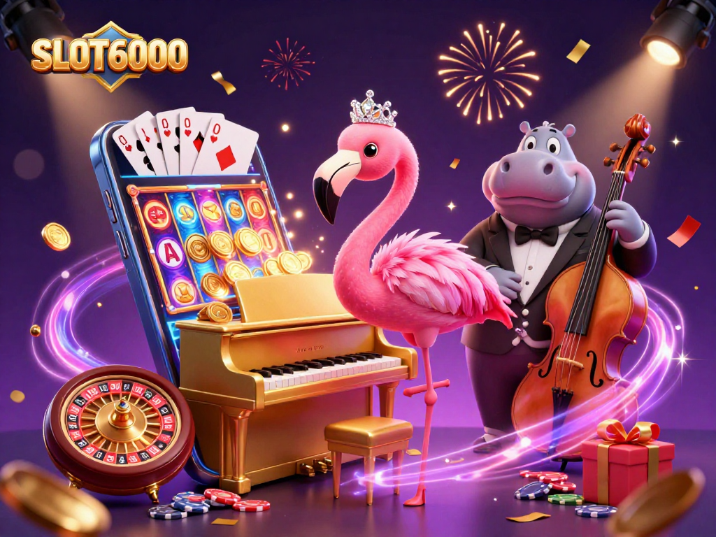 SLOT6000 offers an exciting experience with vibrant casino characters and slot games in a dynamic scene.
