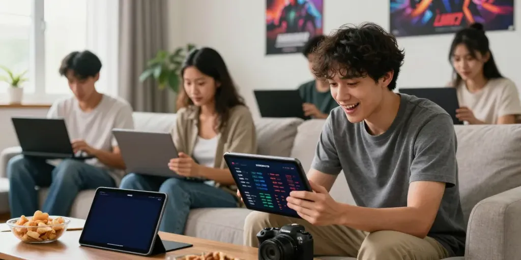Diverse group engaging with SERIBUTOTO online betting platform in a modern home.