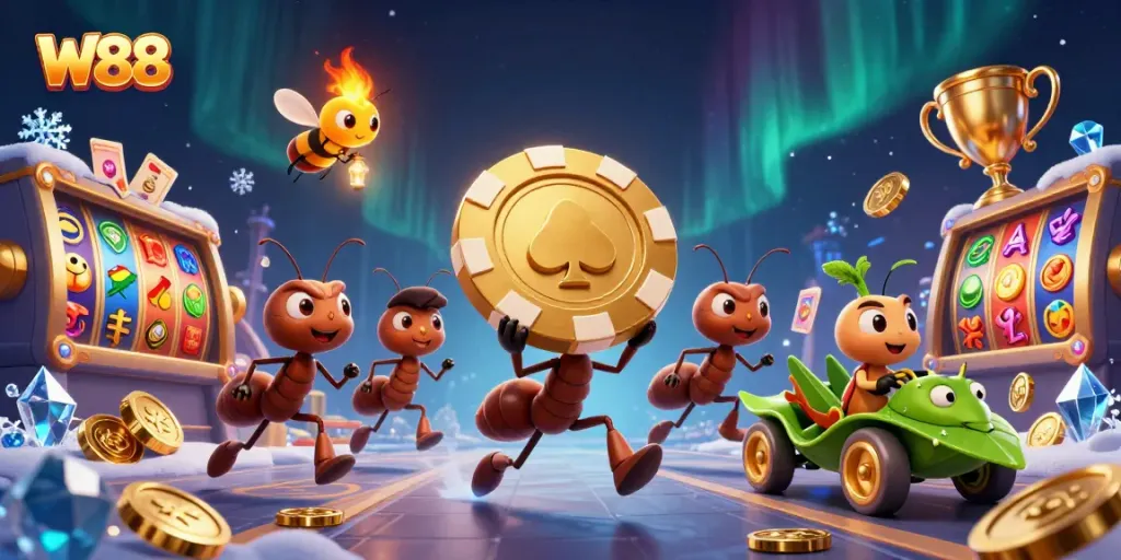 Experience thrilling W88 slots through a lively heist scene with ants and a grasshopper getaway.