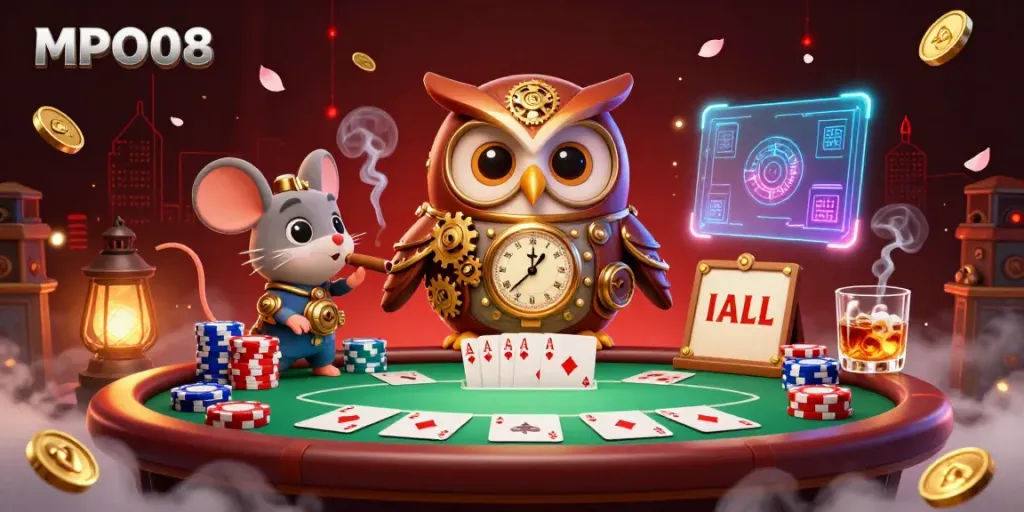 Engage with MPO08's dynamic gaming experience featuring a cartoon owl and poker elements.