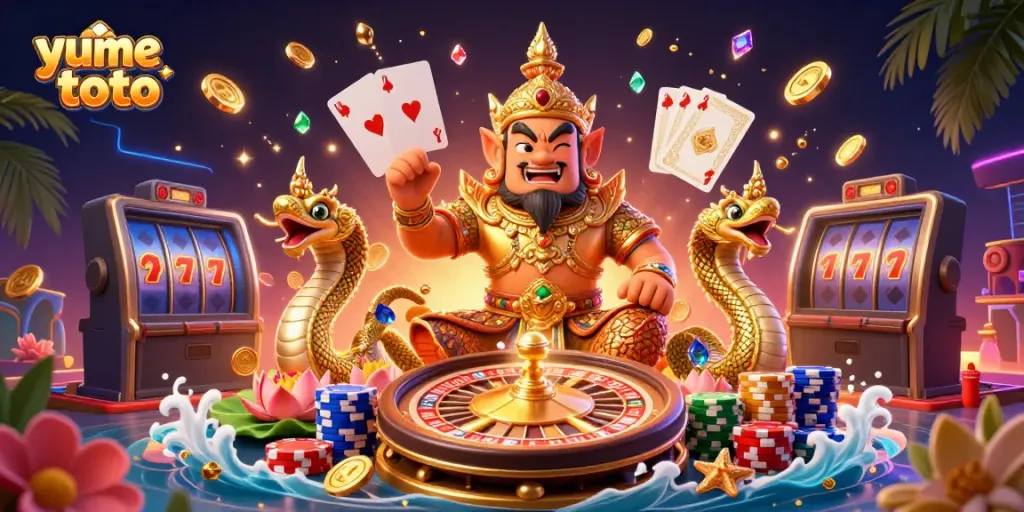 Engaging yume toto gaming scene with cartoon yaksha, Naga companions, and vibrant casino elements.