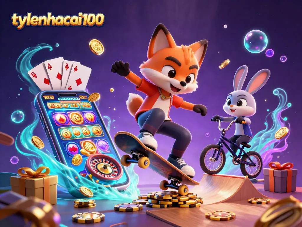 Experience excitement with tylenhacai100 as the cartoon fox skateboards over golden poker chips amidst vibrant casino symbols.