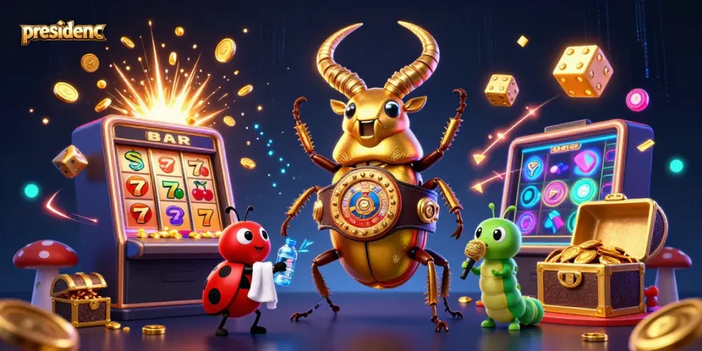 Engage in dynamic gaming action with presidencc as colorful symbols explode from a slot machine alongside cartoon characters.