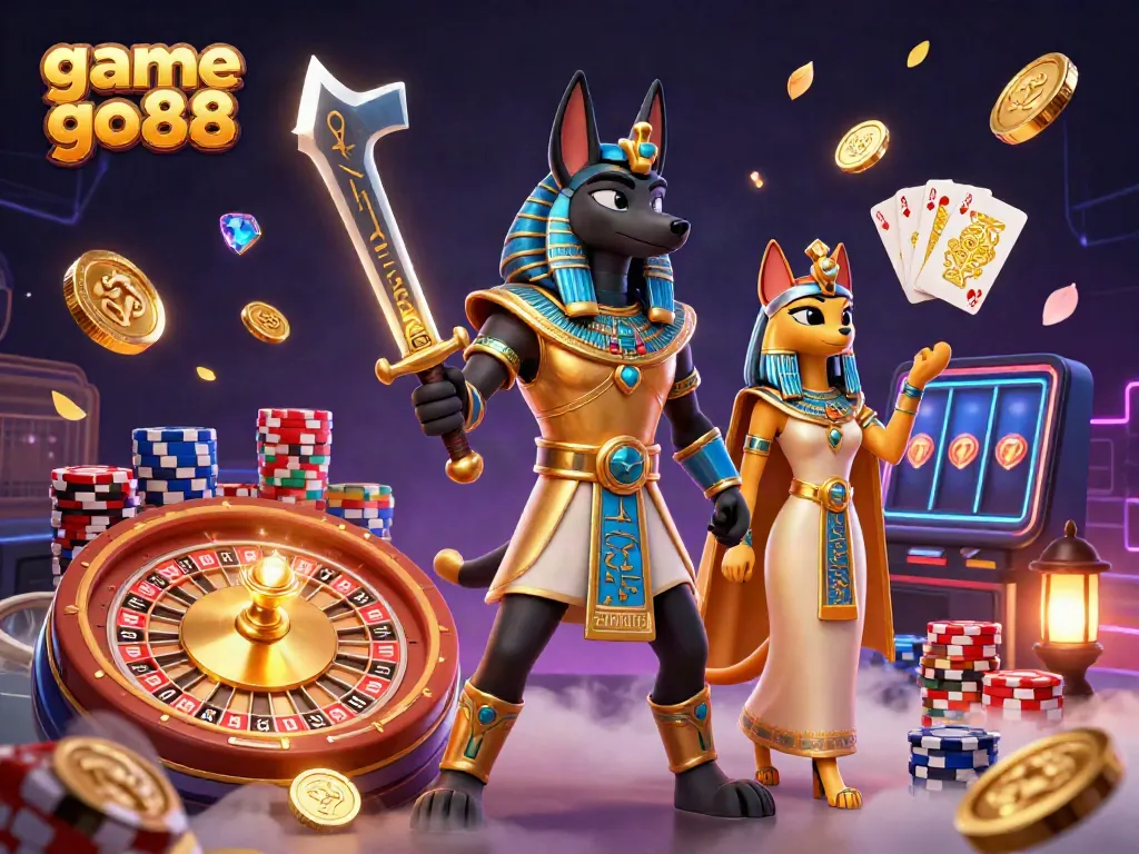 Experience the excitement of game go88 with Anubis and Bastet in a lively casino scene full of vibrant elements.
