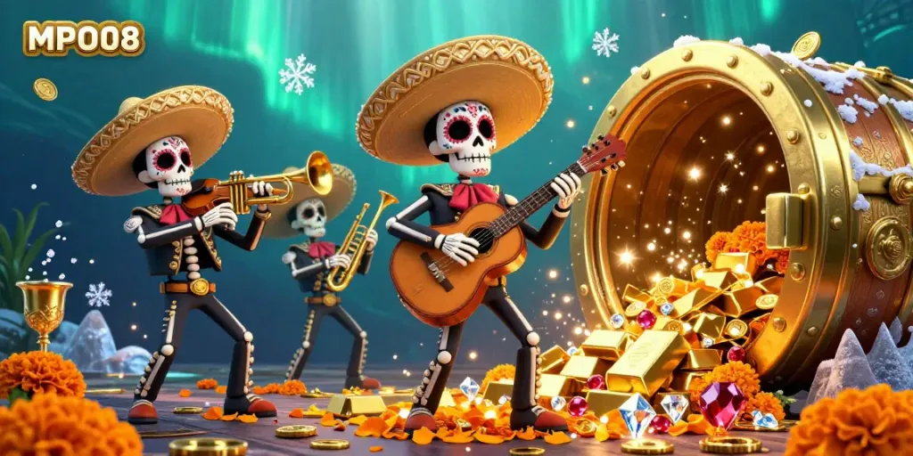 Experience lively mariachi music with MPO08 in this vibrant 3D casino illustration featuring golden treasures.