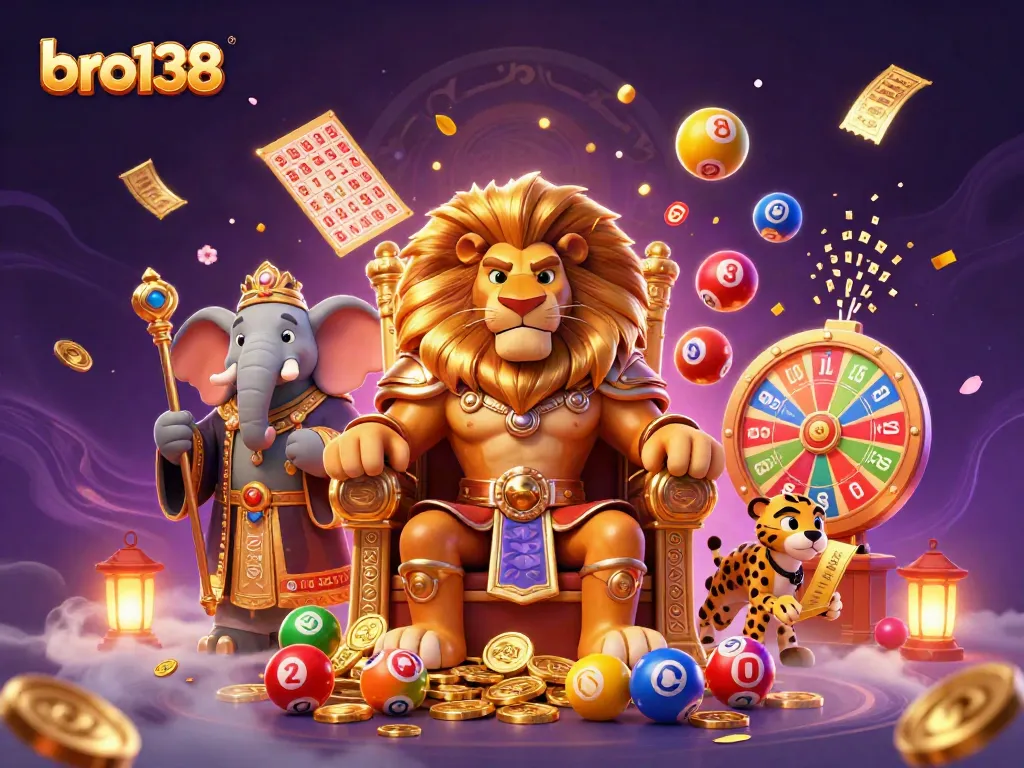 Win exciting prizes at bro138 while the lion king rules the casino scene, surrounded by vibrant lottery elements.