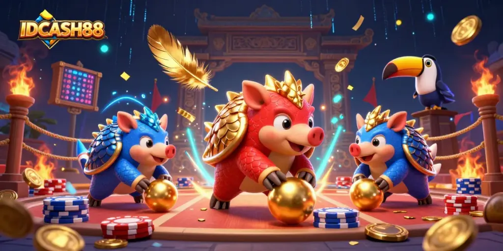 Engage in thrilling gameplay with IDCASH88, where pangolins roll golden balls and poker chips.