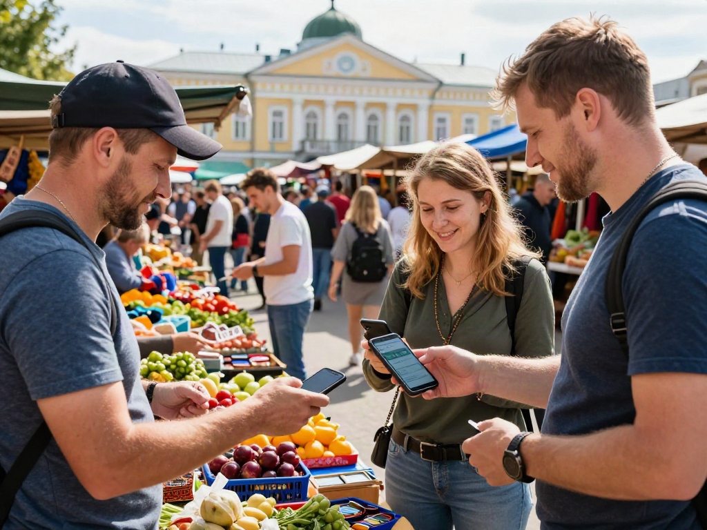Pengunjung menggunakan https://payinrussia.com/ untuk membayar di pasar lokal Rusia, berinteraksi dengan penjual.