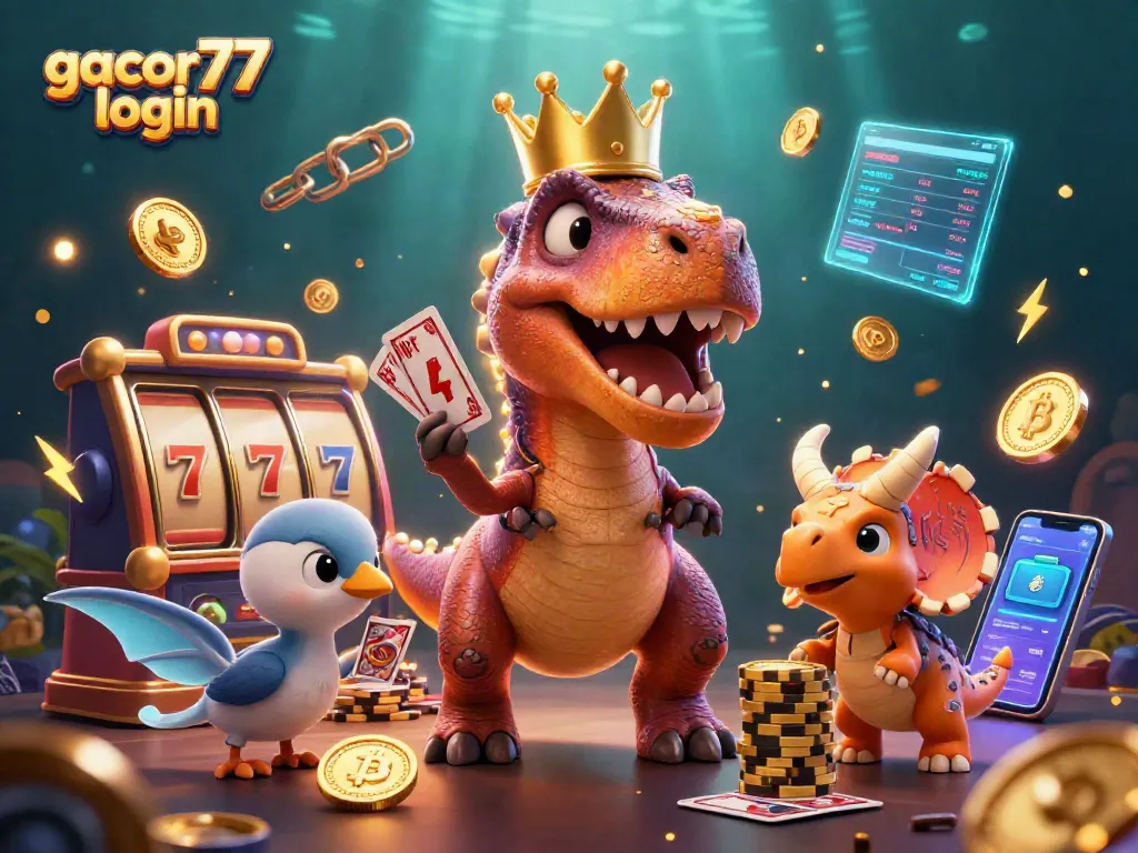 Mengakses gacor77 login sambil T-Rex bermahkota emas bermain kartu dengan pterosaurus membantu dan triceratops menumpuk chip emas.