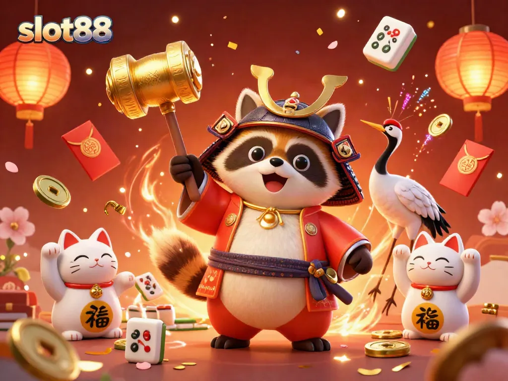 Experience luck with slot88 in this vibrant illustration featuring a cheerful tanuki, crane, and fortune cats celebrating.