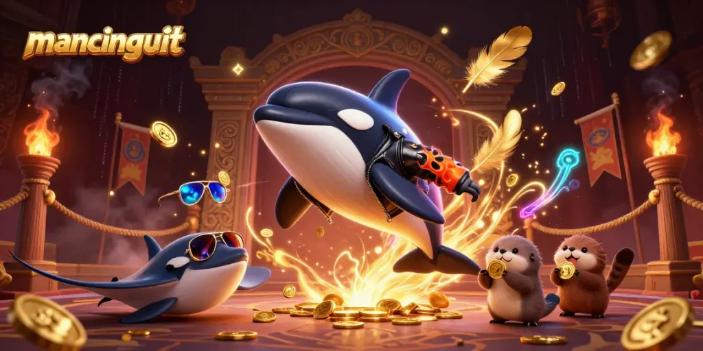 Mancingduit showcases a vibrant scene with an orca whale, stingray, and otters celebrating their casino wins.