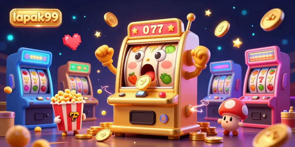 Spin the lapak99 slot machine for wins as coins pour out, capturing casino excitement!