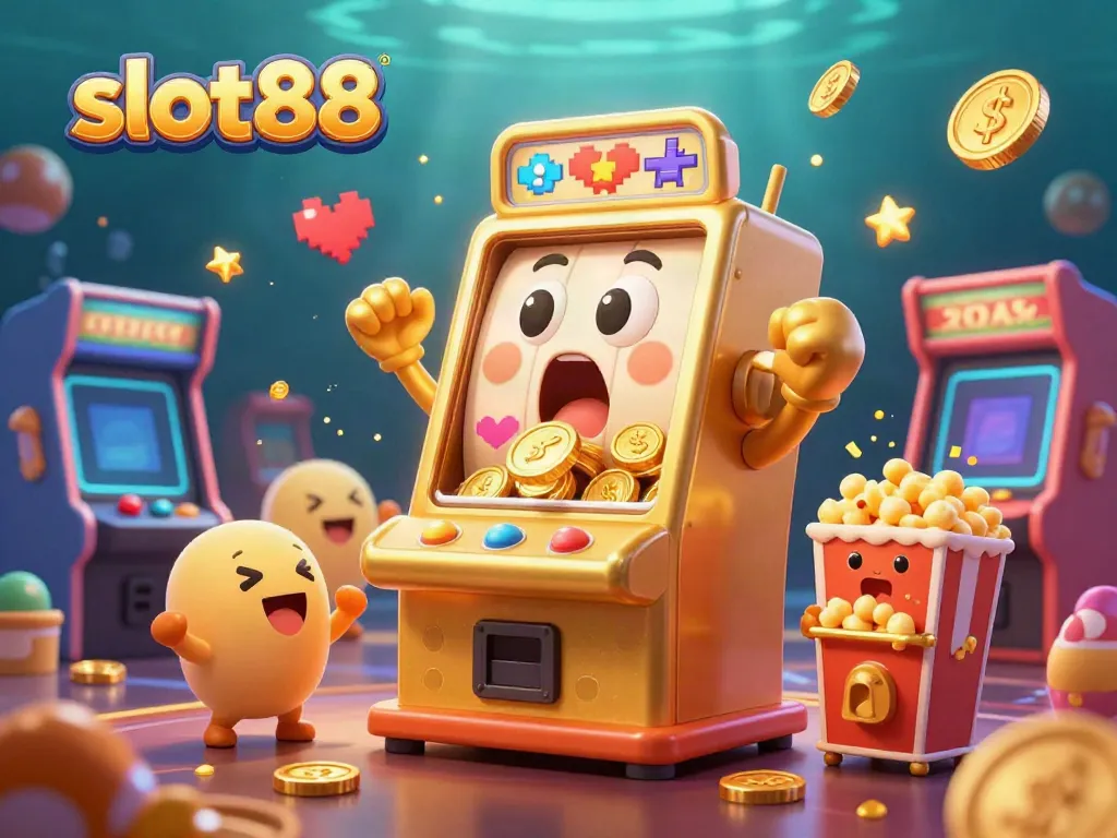 Experience the excitement of slot88 as the golden slot machine hits the jackpot, surrounded by cheering machines and vibrant game elements.