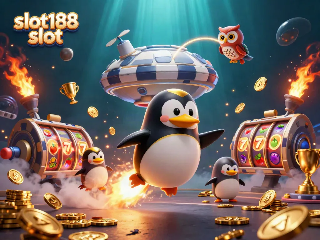 Permainan slot188 slot menunjukkan penguin emas yang meluncur dengan koin berkilauan di luar angkasa.