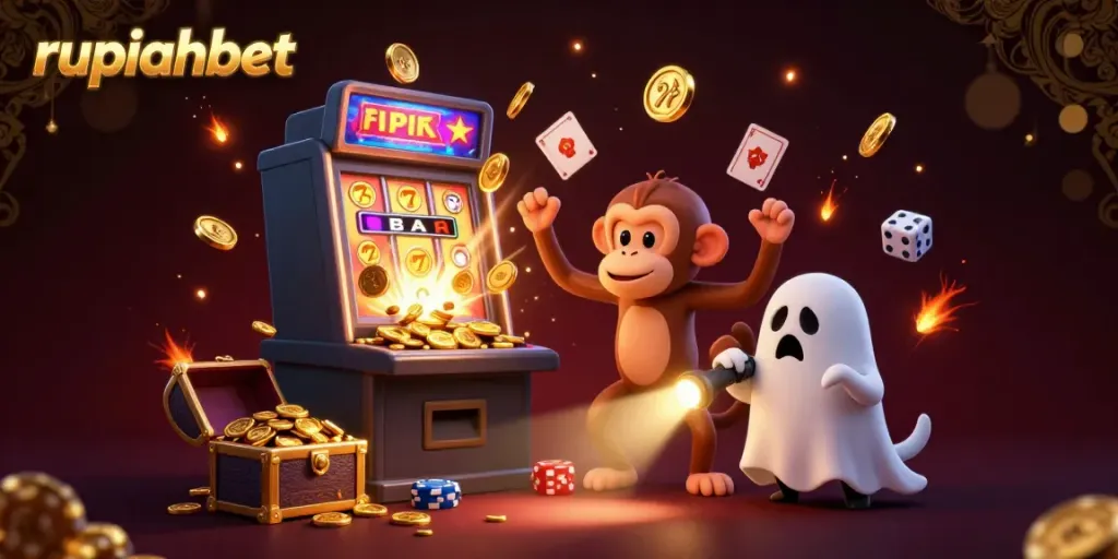 Experience the thrill of rupiahbet with a mischievous monkey juggling casino treasures in a vibrant scene.