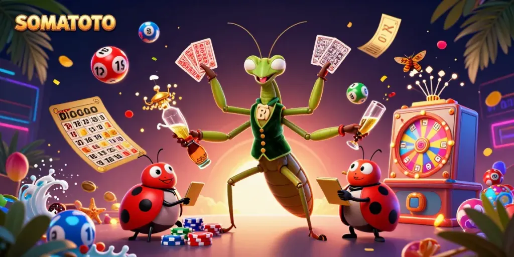 Engage with the vibrant SOMATOTO gambling scene featuring a 3D mantis dealer amidst lottery elements and excitement.